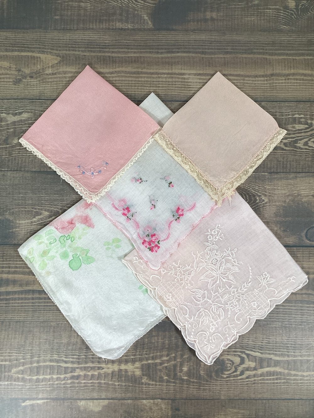 5 Vintage Lady’s Handkerchief Hankies Pink Floral, Embroidered